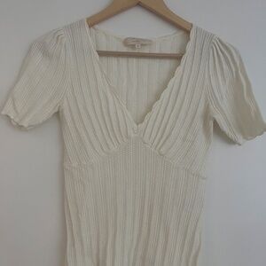 Sezane Cream Ribbed Knit Short Sleeve Top